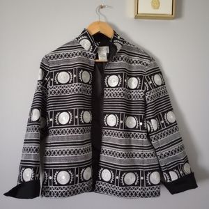 Silk club Jacket Blazer black  white open Front Sz Small  Embroidery  Good Cond.